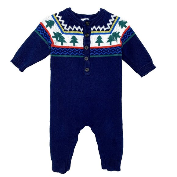 Hanna Andersson 75 12-18 Months Sweater Romper Knit Fair Isle Holiday Trees Navy - Picture 1 of 14